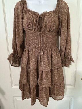 Dress Smocked Tiered Brown Country Concert Cowgirl Romantic